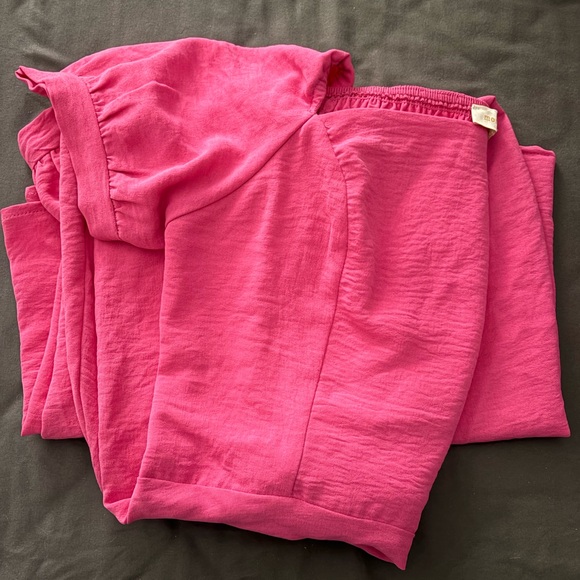 Monteau Los Angeles Pink Midi Square Neck, Puff Sleeved, Front Slit Dress Sz Lg - Picture 14 of 15